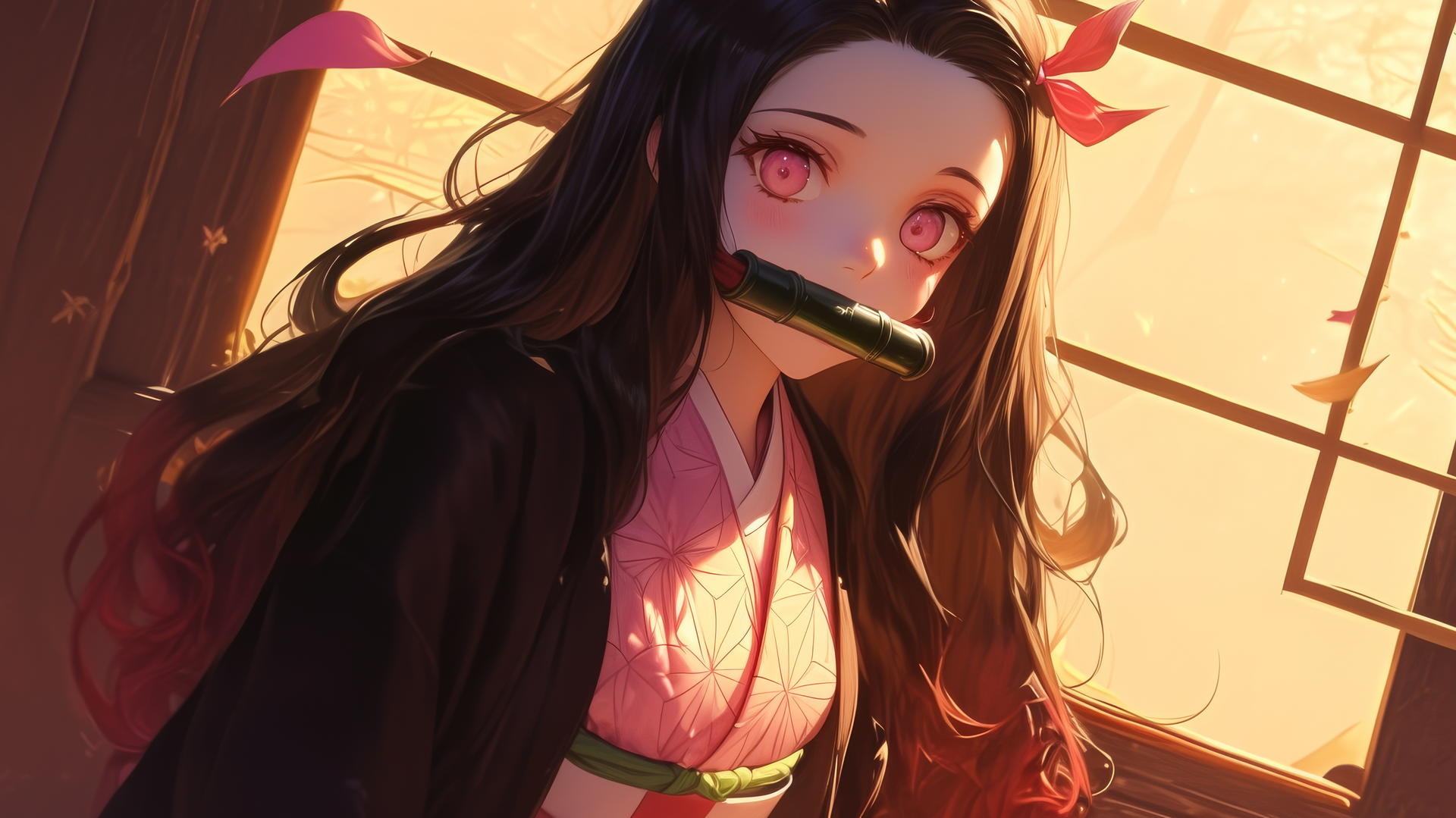 Nezuko from Demon Slayer in a sunny apartment with warm light.