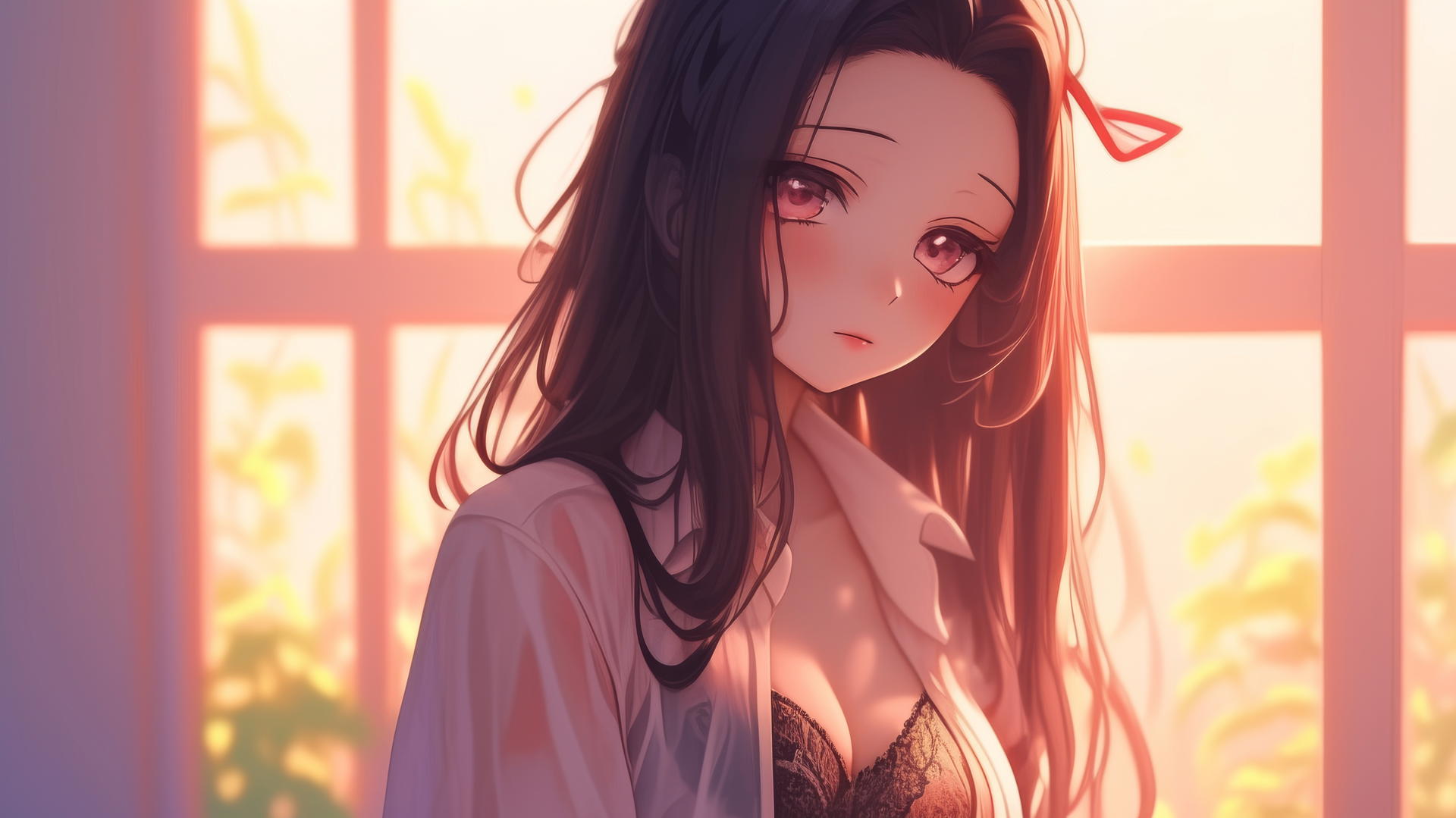 Demon Slayer wallpaper featuring Nezuko in office shirt, sunrise apartment