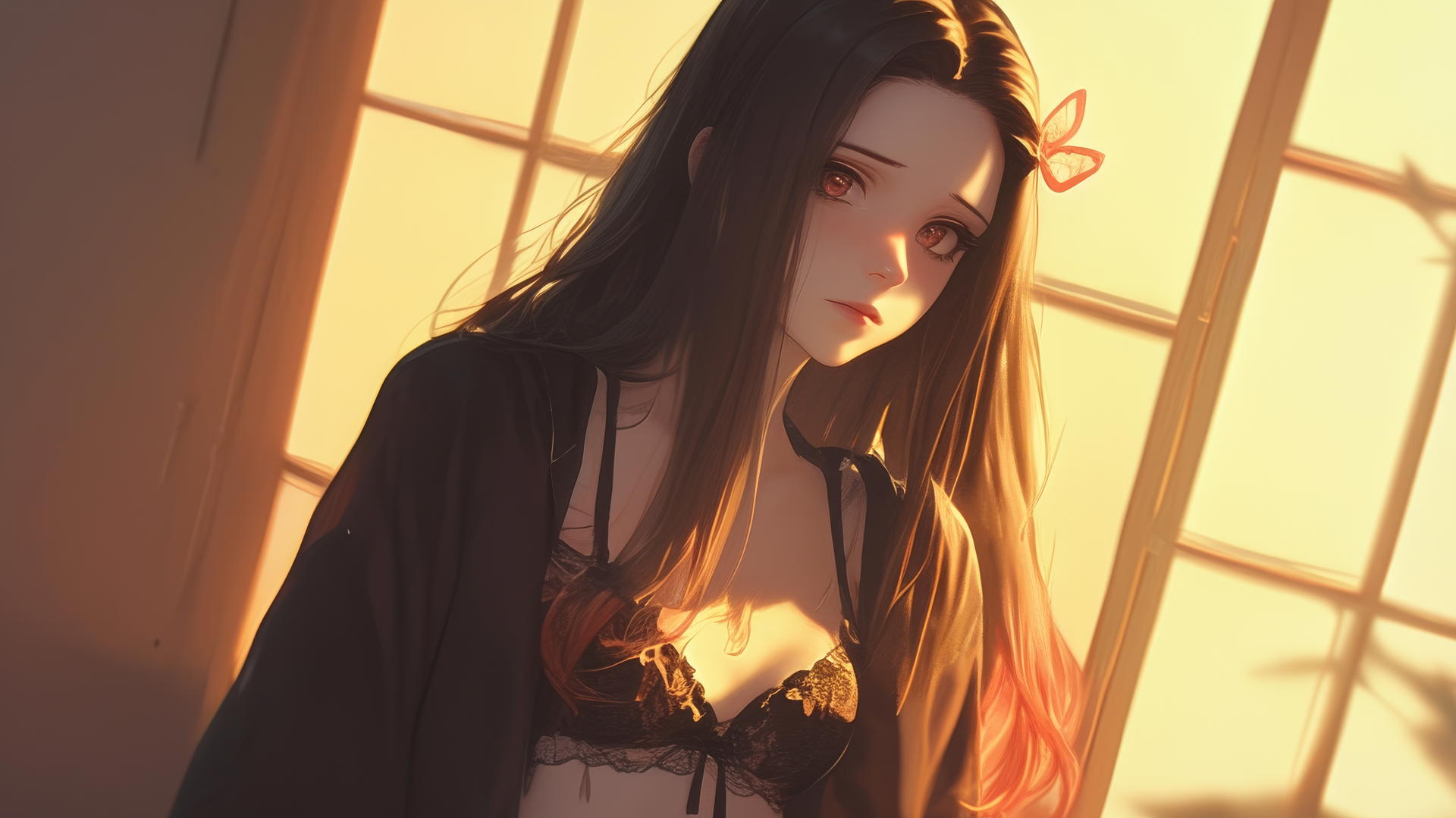 demon slayer wallpaper, Nezuko in office shirt at sunrise in modern apartment