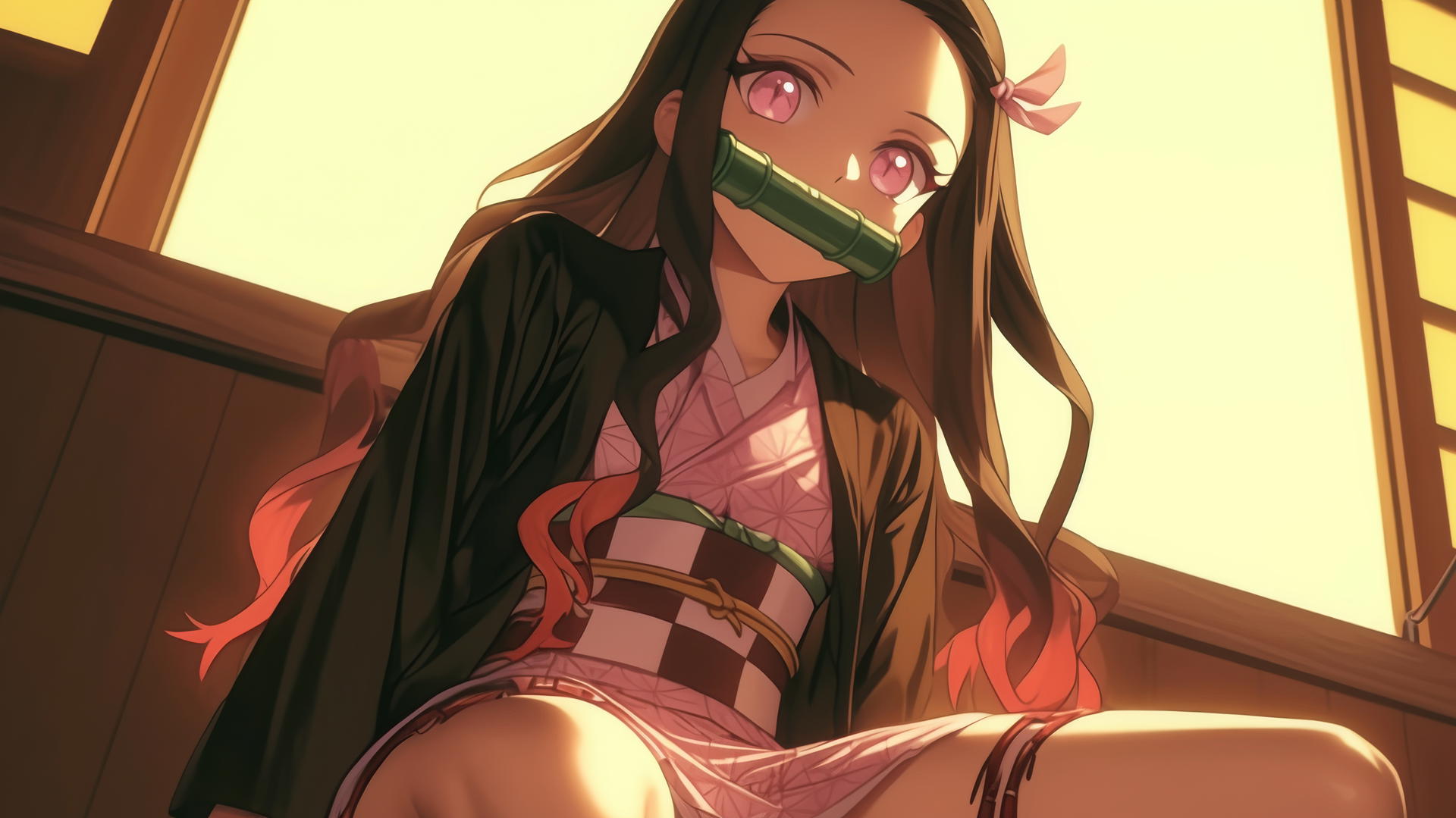 Nezuko from Demon Slayer kneeling in a modern hotel room wearing an office shirt