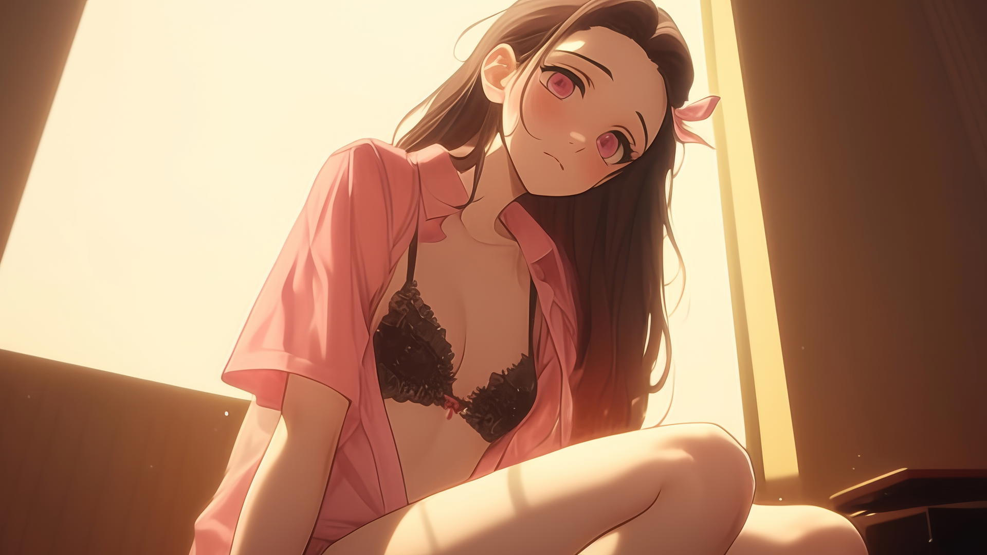 Nezuko from Demon Slayer in modern office shirt, kneeling in hotel room, warm light