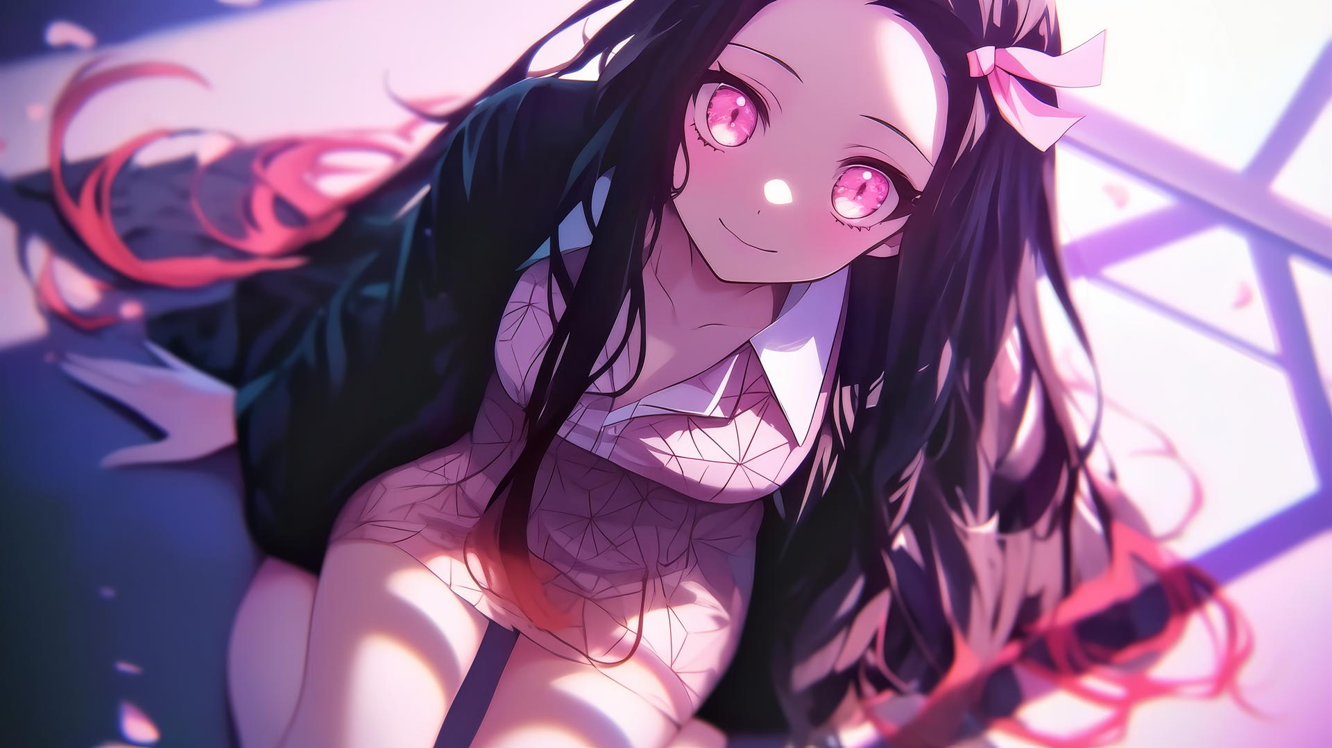 demon slayer wallpaper of Nezuko in a modern office shirt, kneeling in a warmly lit hotel room