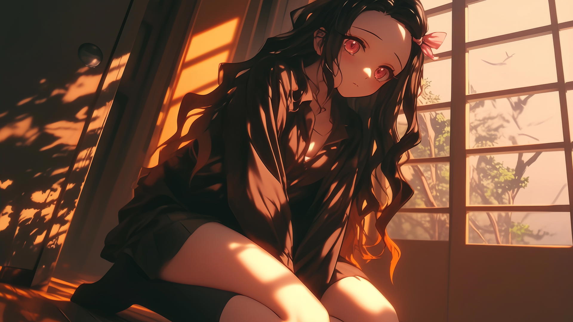 Demon Slayer wallpaper featuring Nezuko kneeling in an office shirt in a modern hotel room with warm lighting.