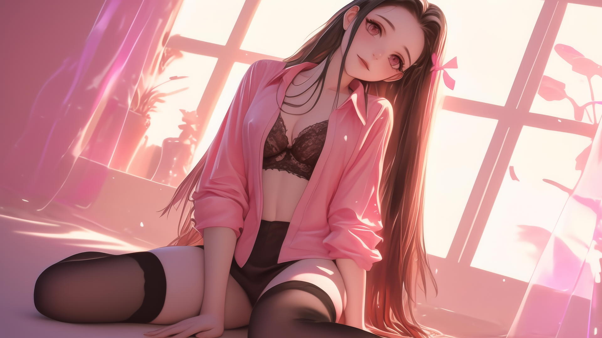 demon slayer wallpaper nezuko kneeling in office shirt in modern hotel room