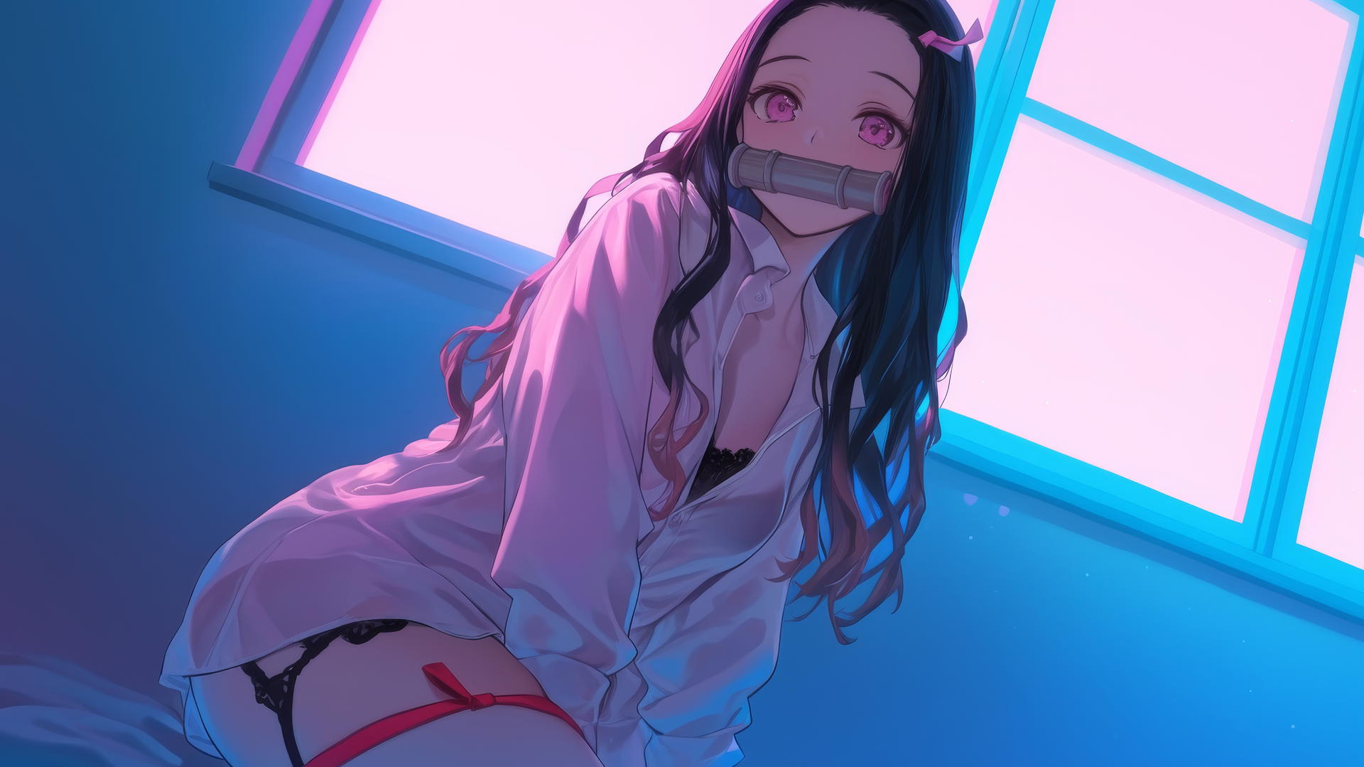 kneeling Nezuko from Demon Slayer in office shirt at modern hotel room, demon slayer wallpaper