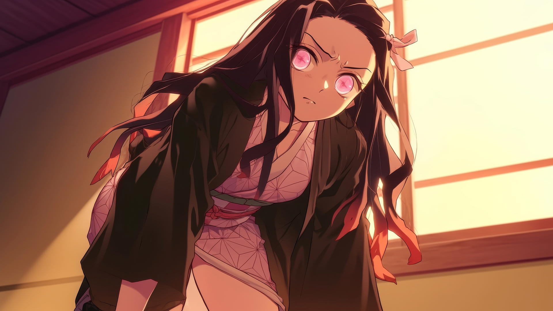 demon slayer wallpaper featuring Nezuko kneeling in an office shirt in a modern hotel room with warm light
