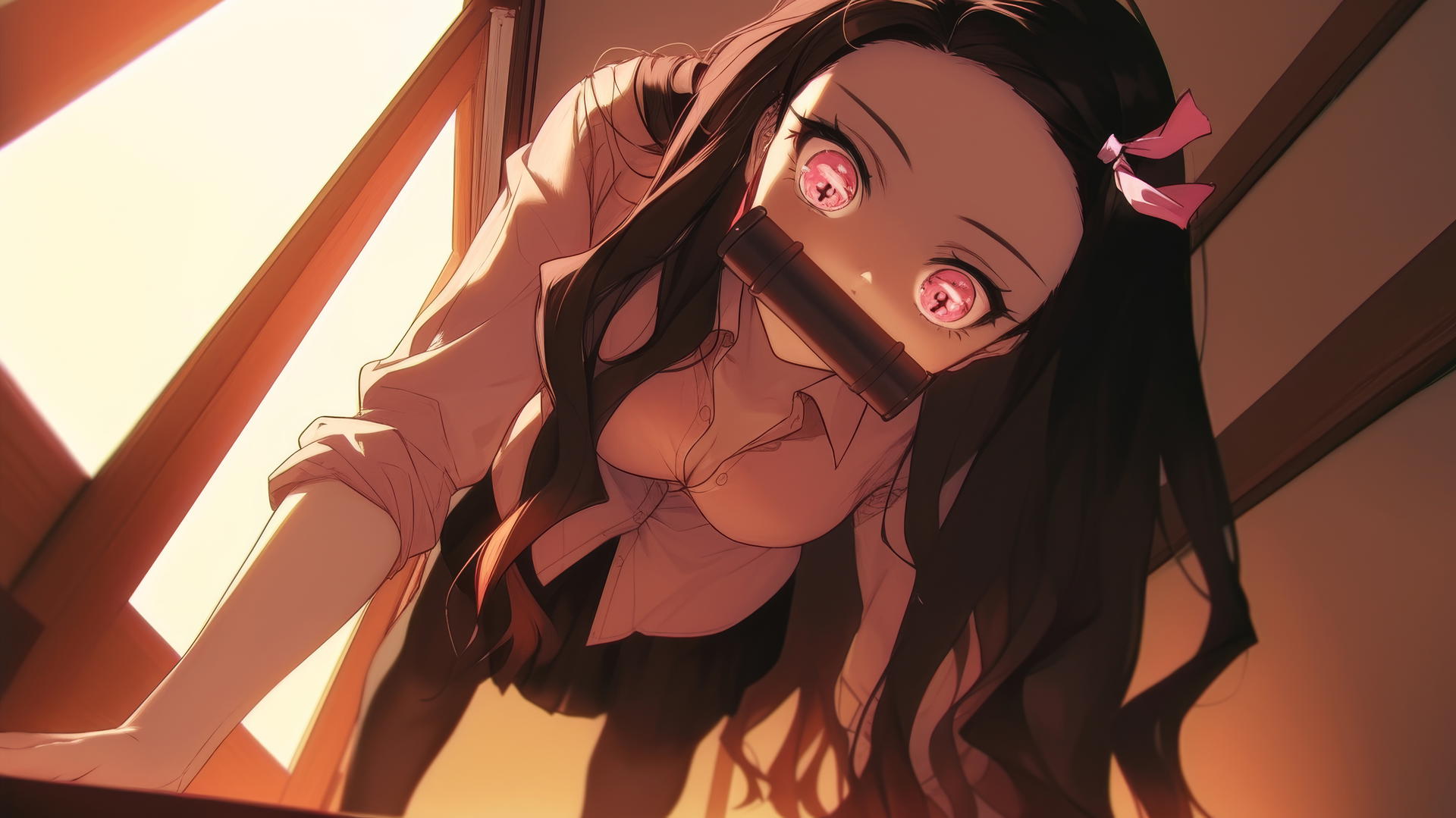 Nezuko from Demon Slayer kneeling in a modern hotel room