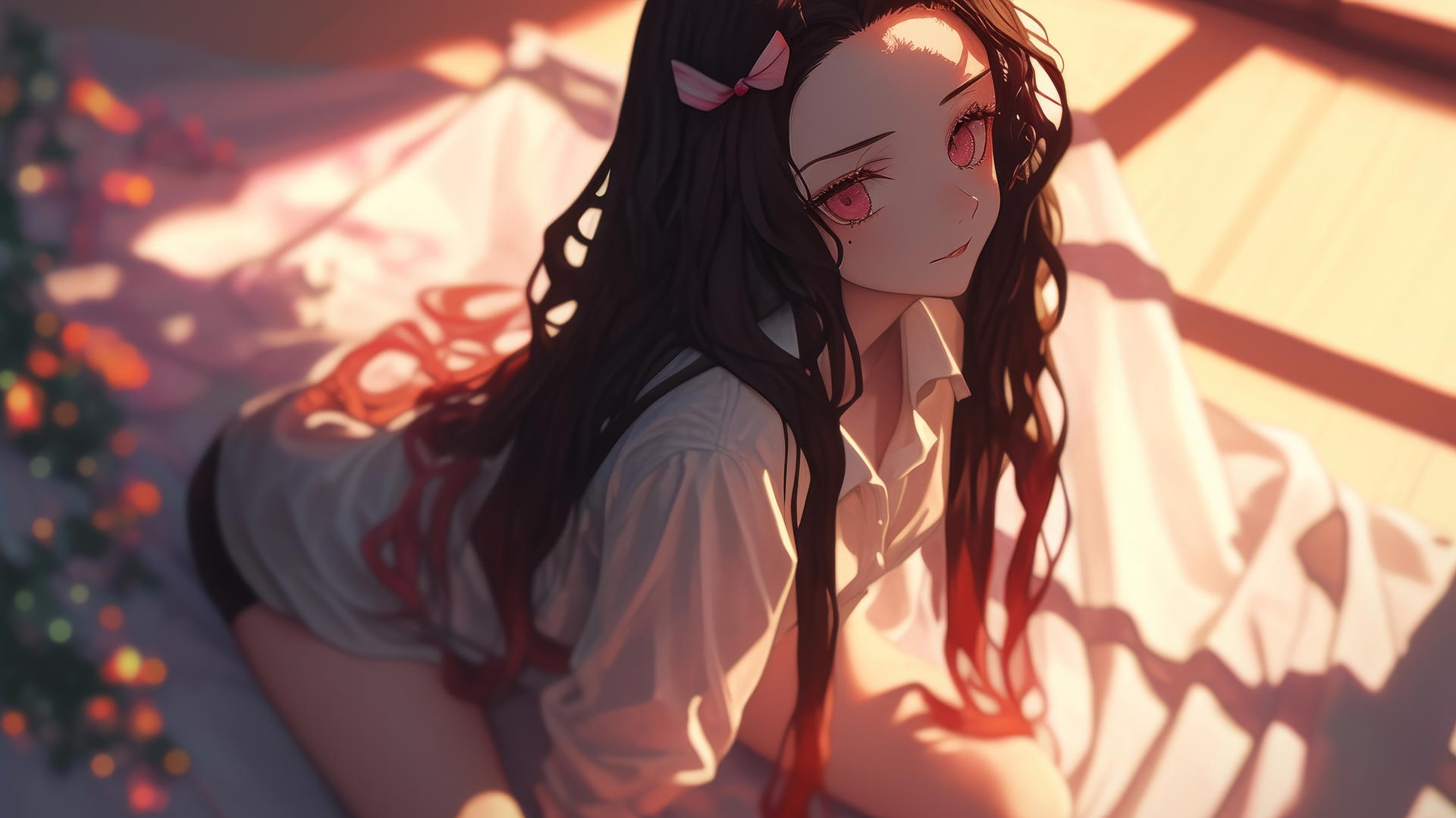 demon slayer wallpaper, Nezuko kneeling in office shirt, warm glow in hotel room