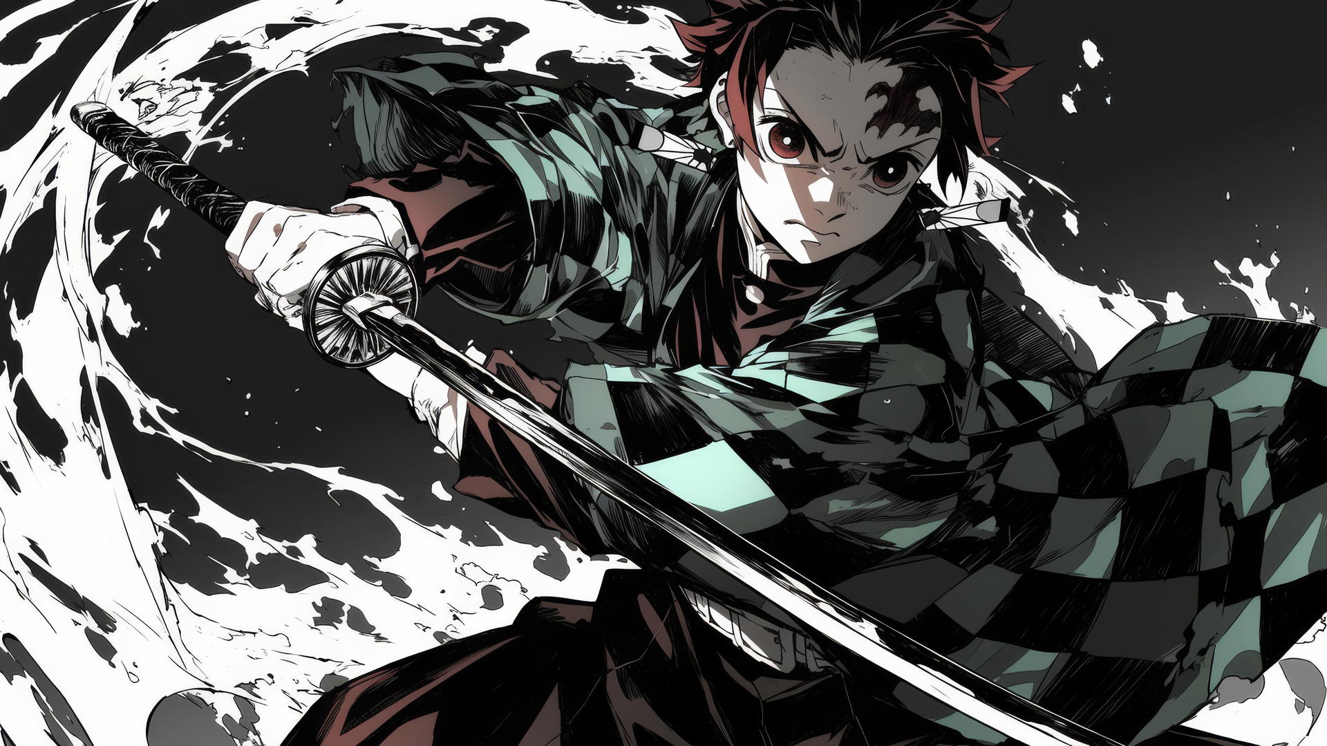 demon slayer tanjiro wallpaper 4k, black-and-white sketch, intense battle scene