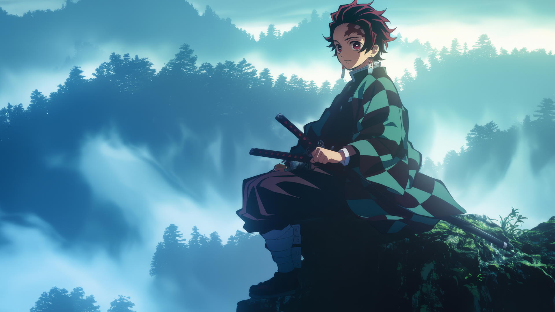 demon slayer tanjiro wallpaper 4k, Tanjiro sitting on cliff edge overlooking misty forest