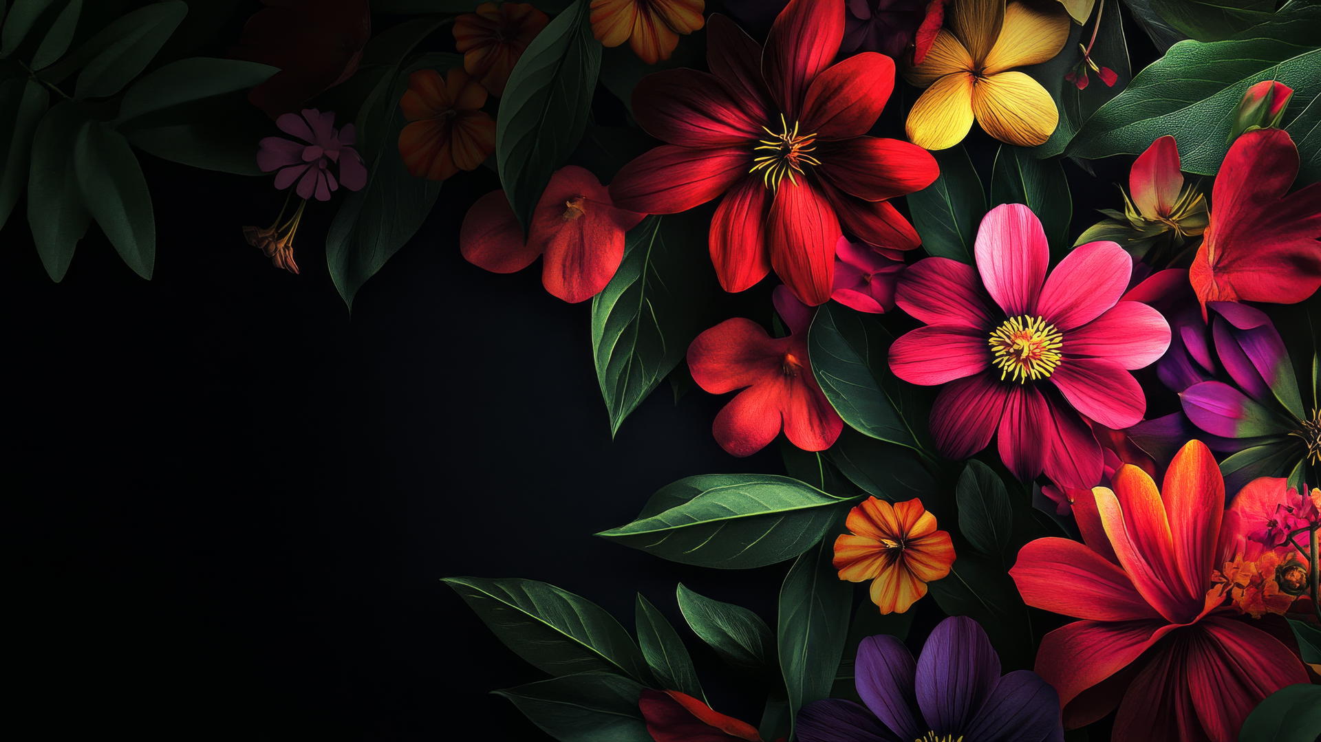 spring wallpaper with vibrant petals and greenery on a dark backdrop