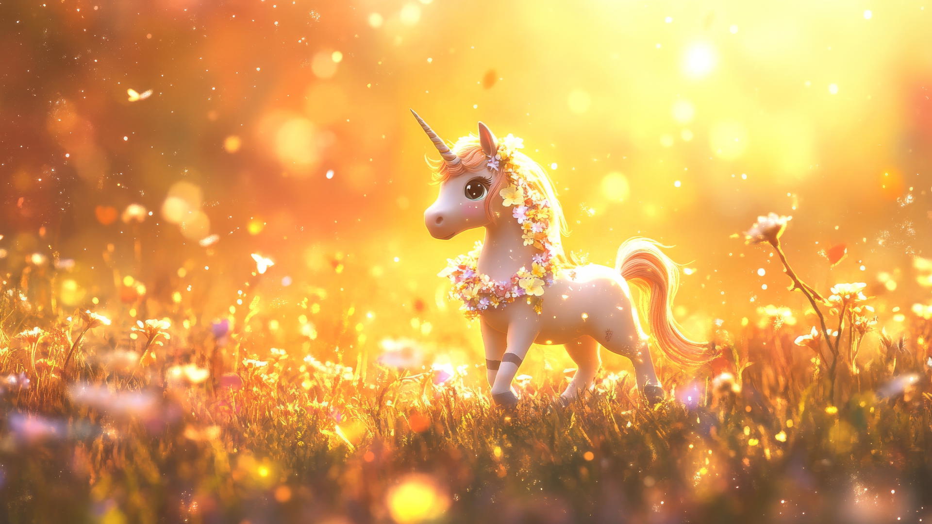 Cute spring wallpaper with a tiny unicorn in a field of twinkling flowers.