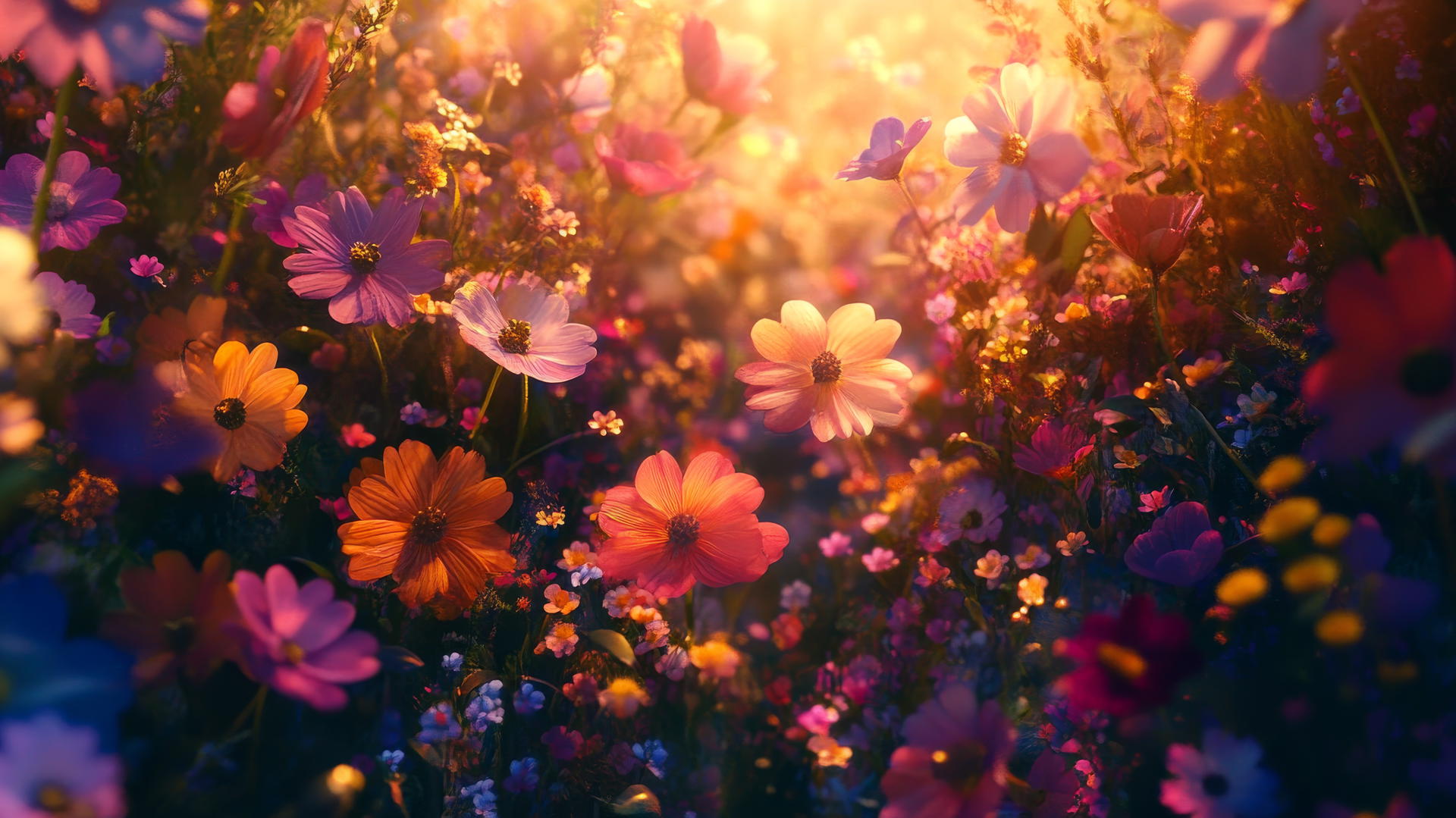 Overhead view of vibrant wildflowers field, warm light, spring flowers wallpaper