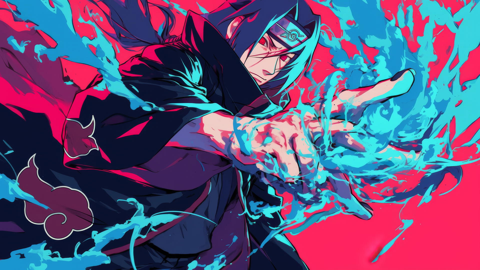 Comic book-style Itachi Uchiha drawing with vibrant colors and dramatic pose
