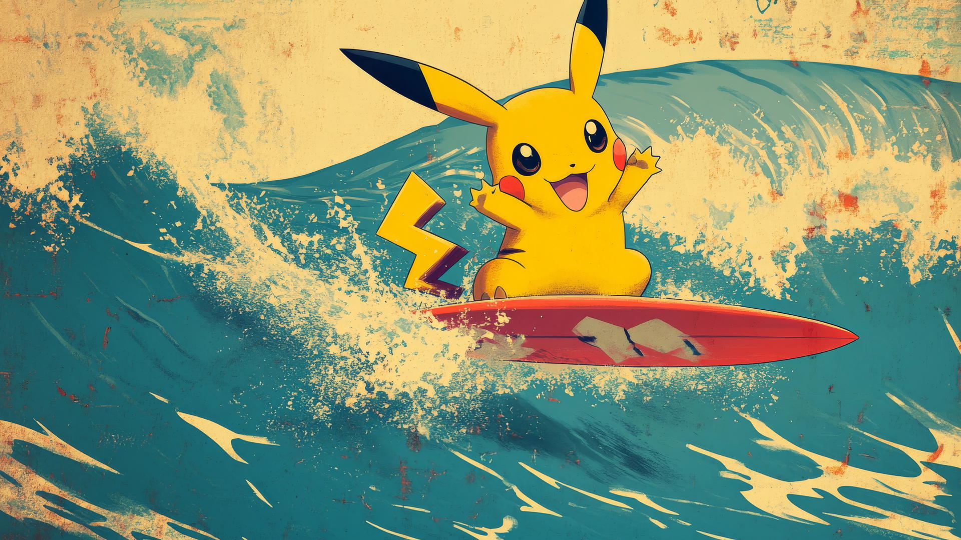 Surfing Pikachu in a vintage travel poster style