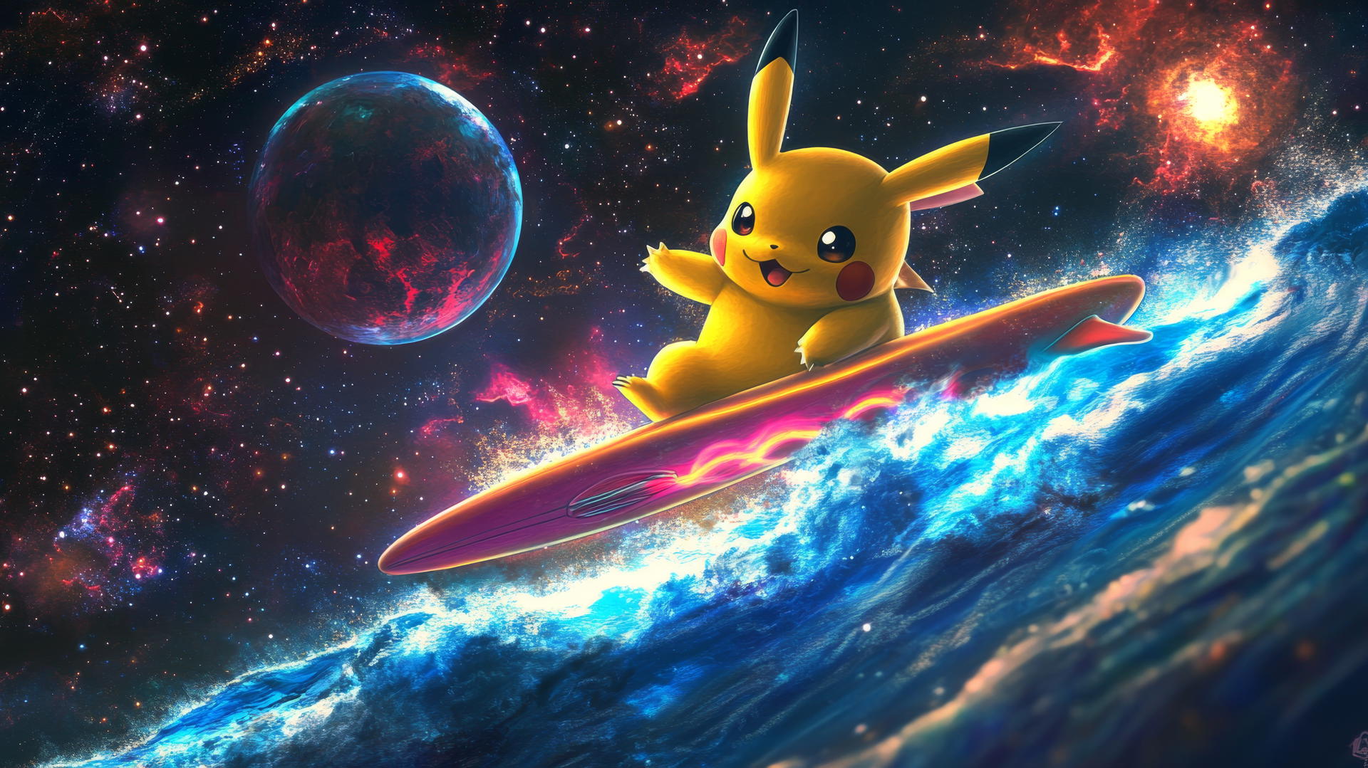 Pikachu surfing on a glowing surfboard in space, surrounded by stars and planets