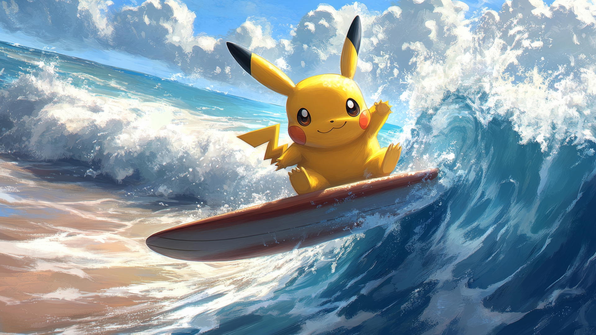 Cartoon Pikachu surfing on a large surfboard with exaggerated proportions