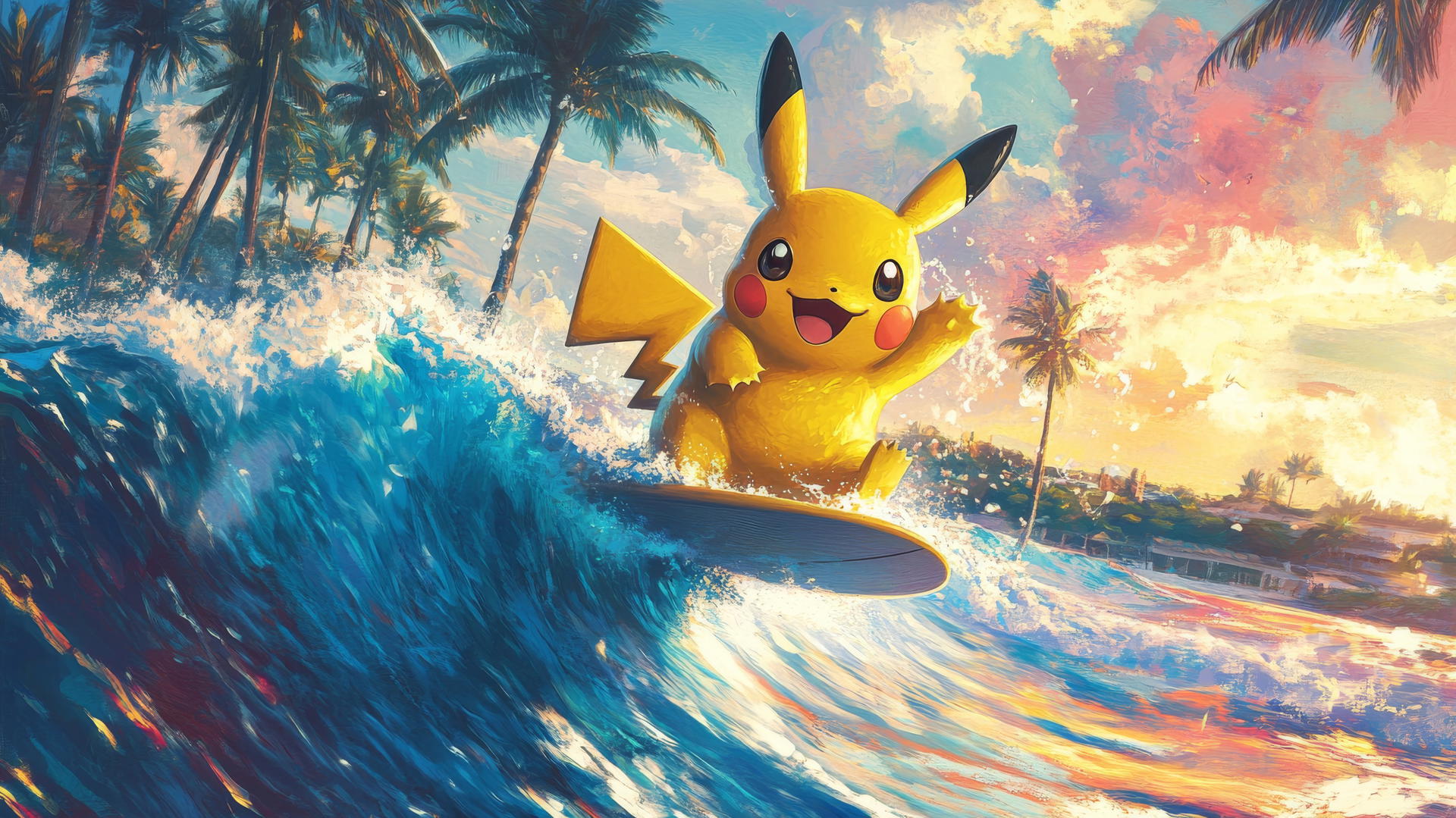 Pikachu surfing a wave in a tropical paradise with palm trees and coral reef