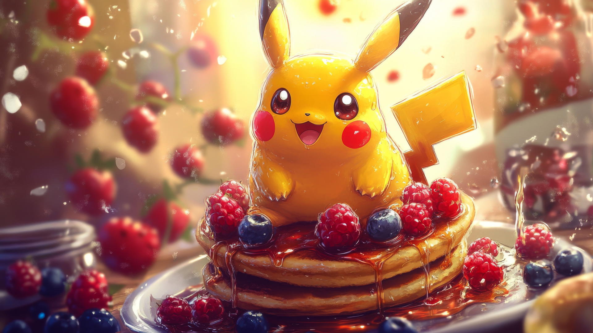 Fat Pikachu sitting on pancakes with syrup and berries