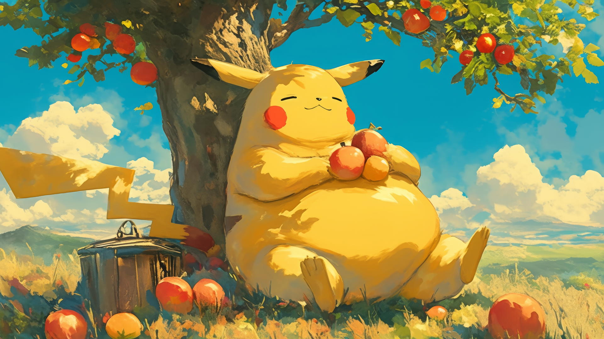 Fat Pikachu sitting under a tree with piles of fruit, painterly style
