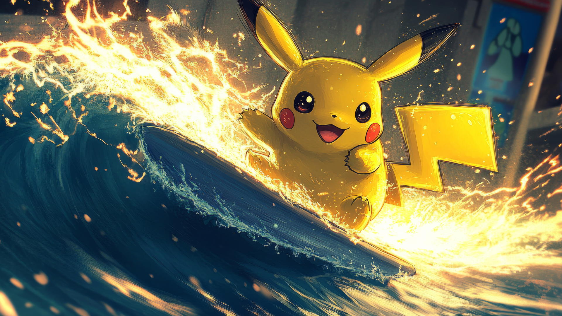 Surfing Pikachu riding a tidal wave of electricity