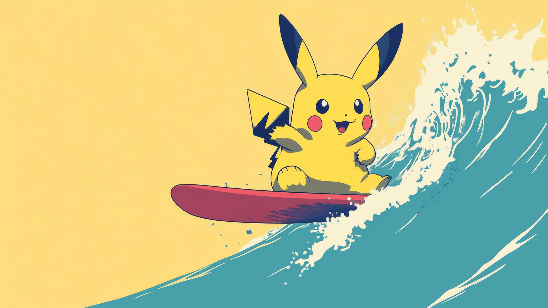 Pikachu surfing in minimalist art style on a pastel wave