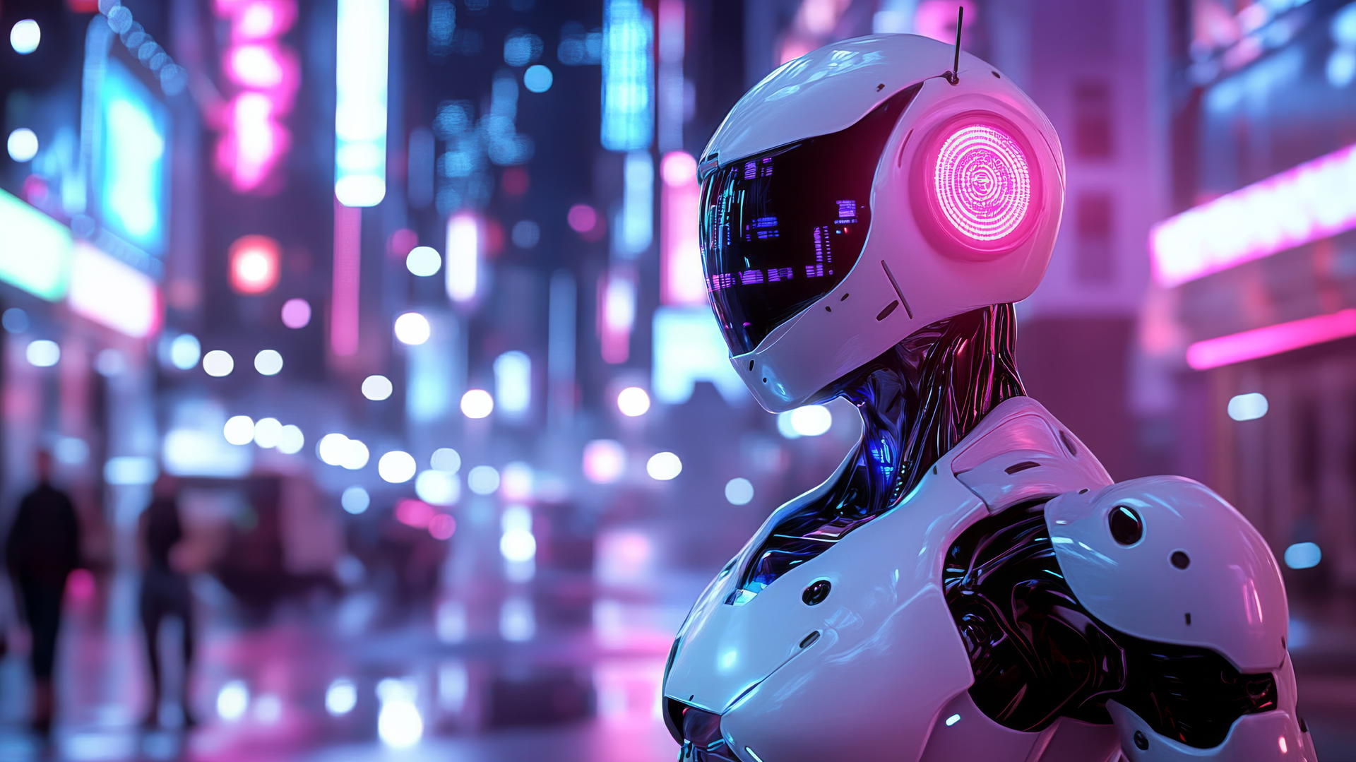 Futuristic robot in high-tech city with LED lights and digital screens, cool wallpapers for boys