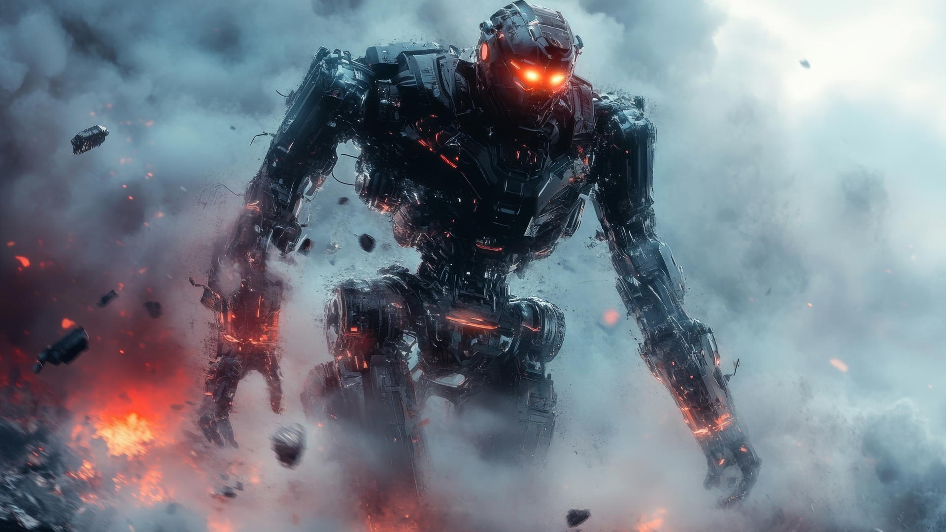 cool wallpapers for boys featuring a detailed robot warrior with glowing eyes in a futuristic battlefield