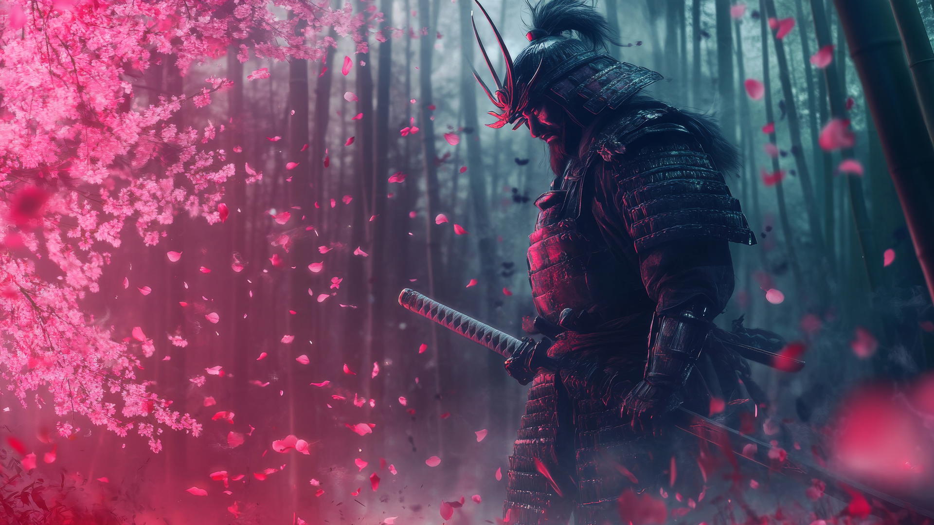 A fierce samurai warrior in a bamboo forest holding a glowing katana with cherry blossoms falling around him, cool wallpapers for boys.