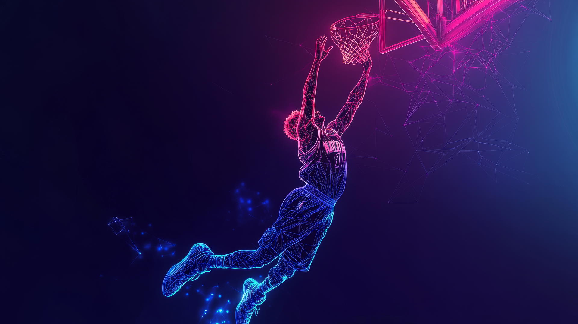 Outline of a player making a slam dunk with glowing neon lines.
