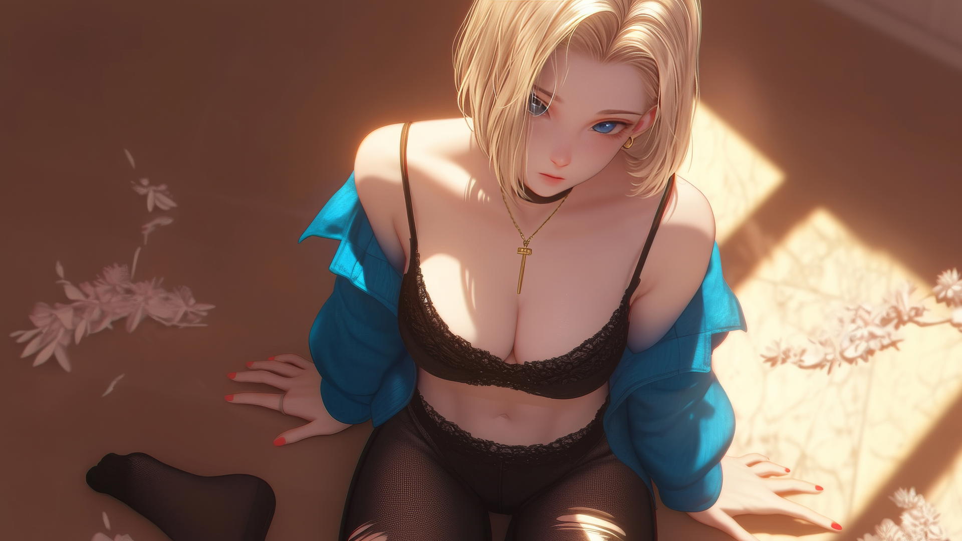 Android 18 kneeling at a hotel in a broken shirt