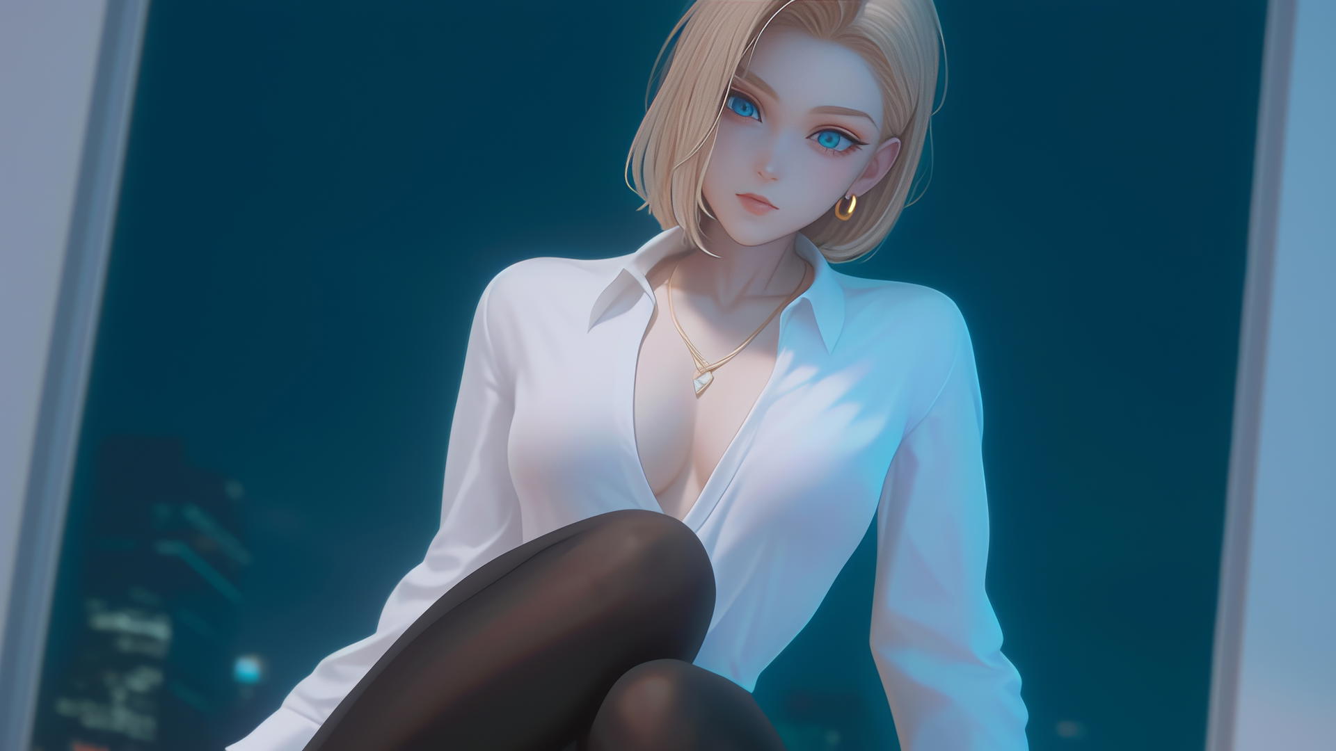 Android 18 in a modern hotel, kneeling, in a white office shirt