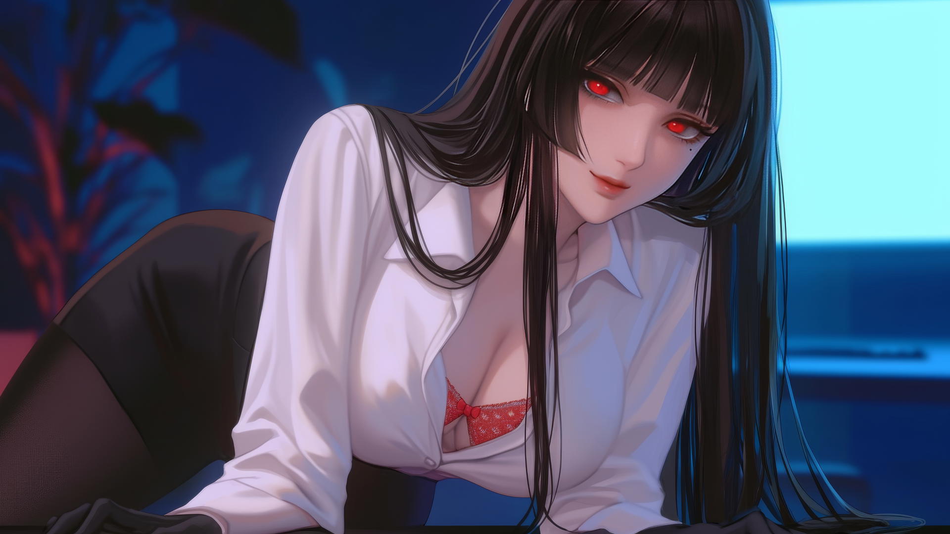 Yumeko Jabami kneeling in a hotel room with white shirt and red eyes