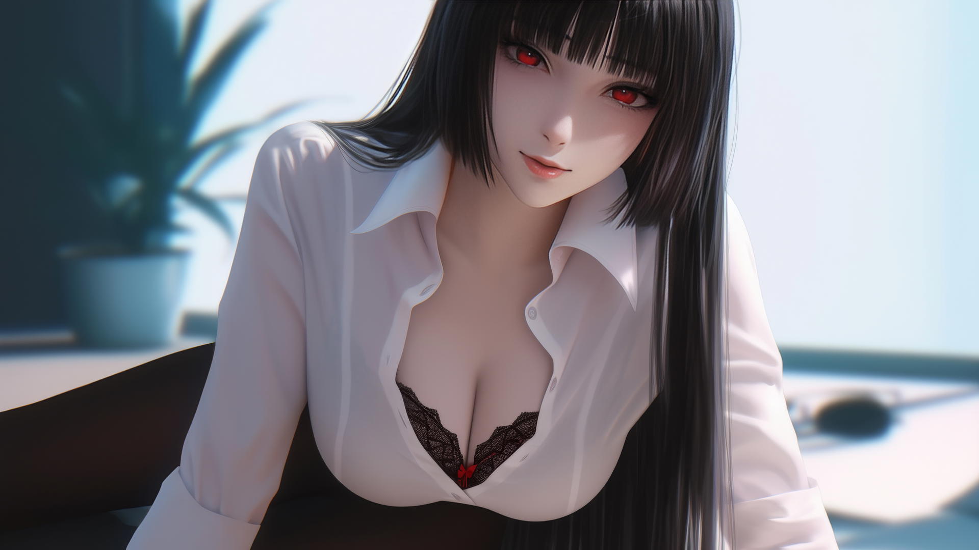 Yumeko Jabami in white shirt, black hime-cut hair, bright red eyes