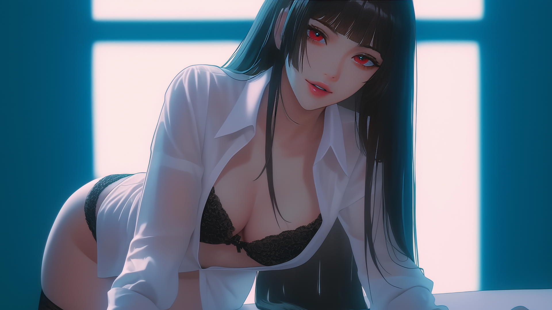 Yumeko Jabami in a white shirt kneeling in a modern hotel room
