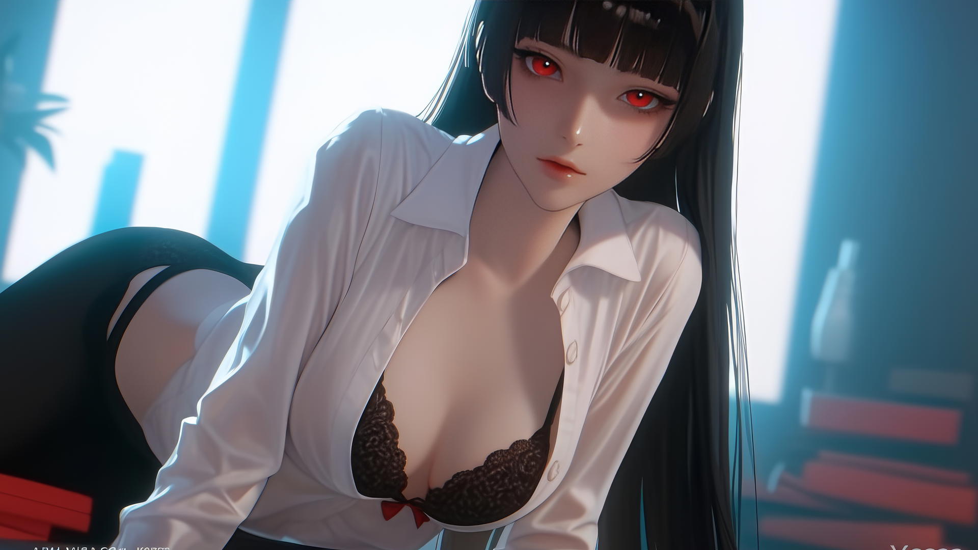 Yumeko Jabami kneeling in modern hotel room