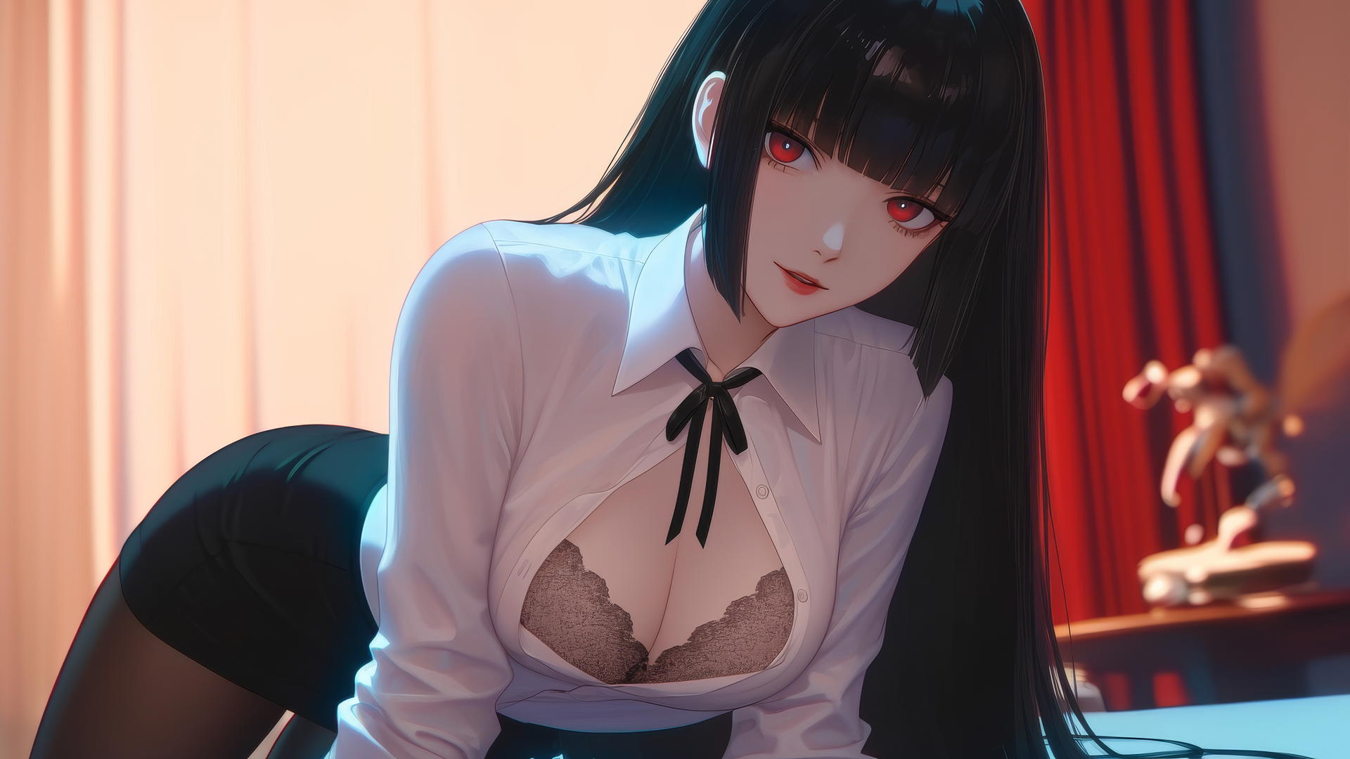 Yumeko Jabami in white shirt with black hime-cut hair and red eyes