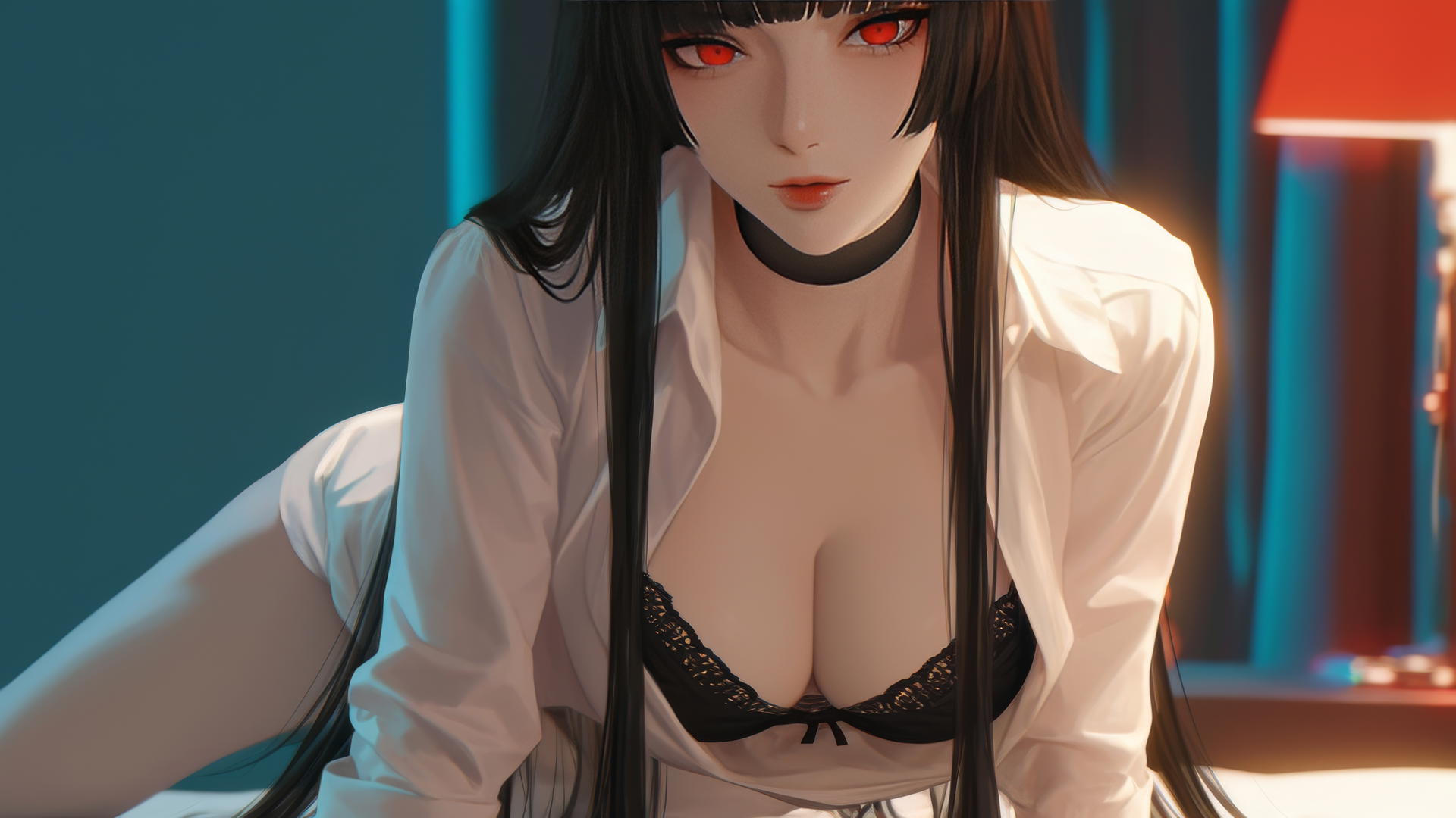 Yumeko Jabami in a modern hotel room wearing a white shirt