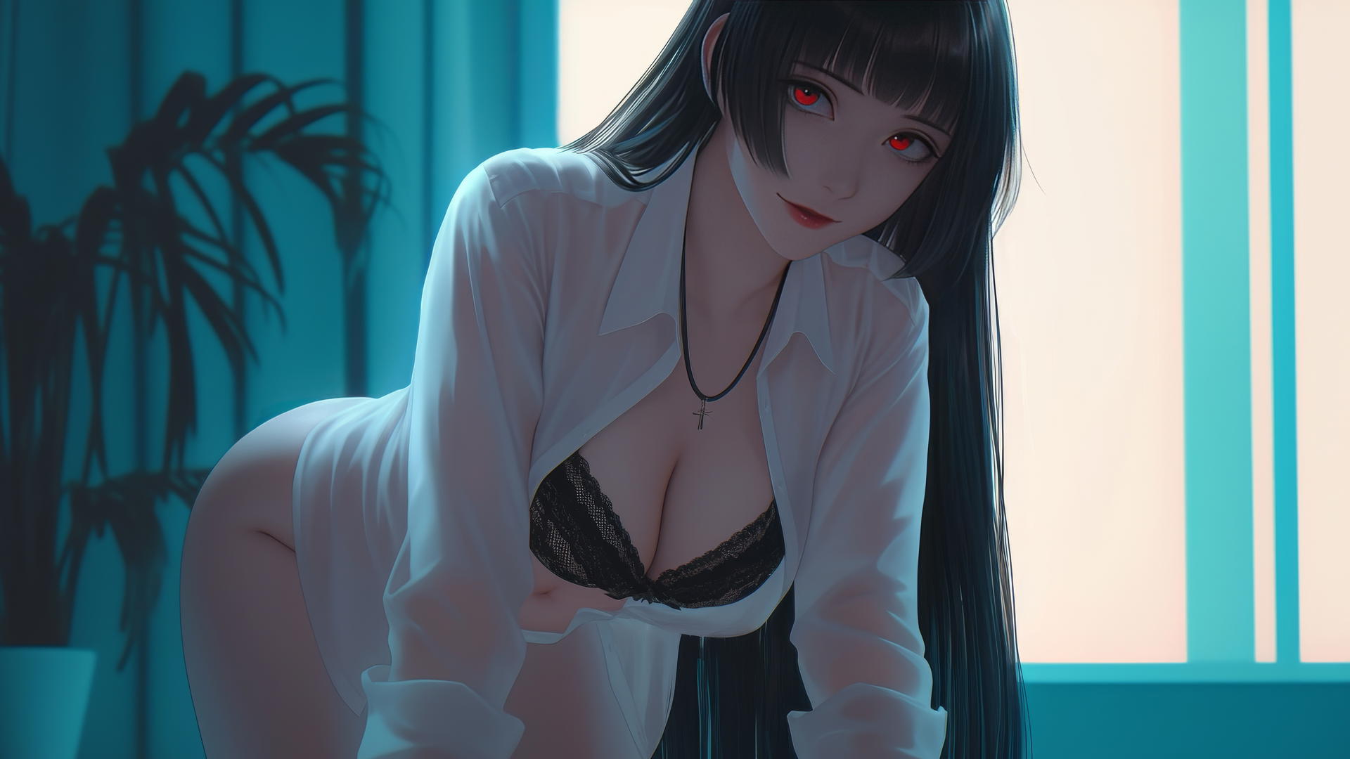 Yumeko Jabami kneeling, wearing white shirt, in modern hotel room