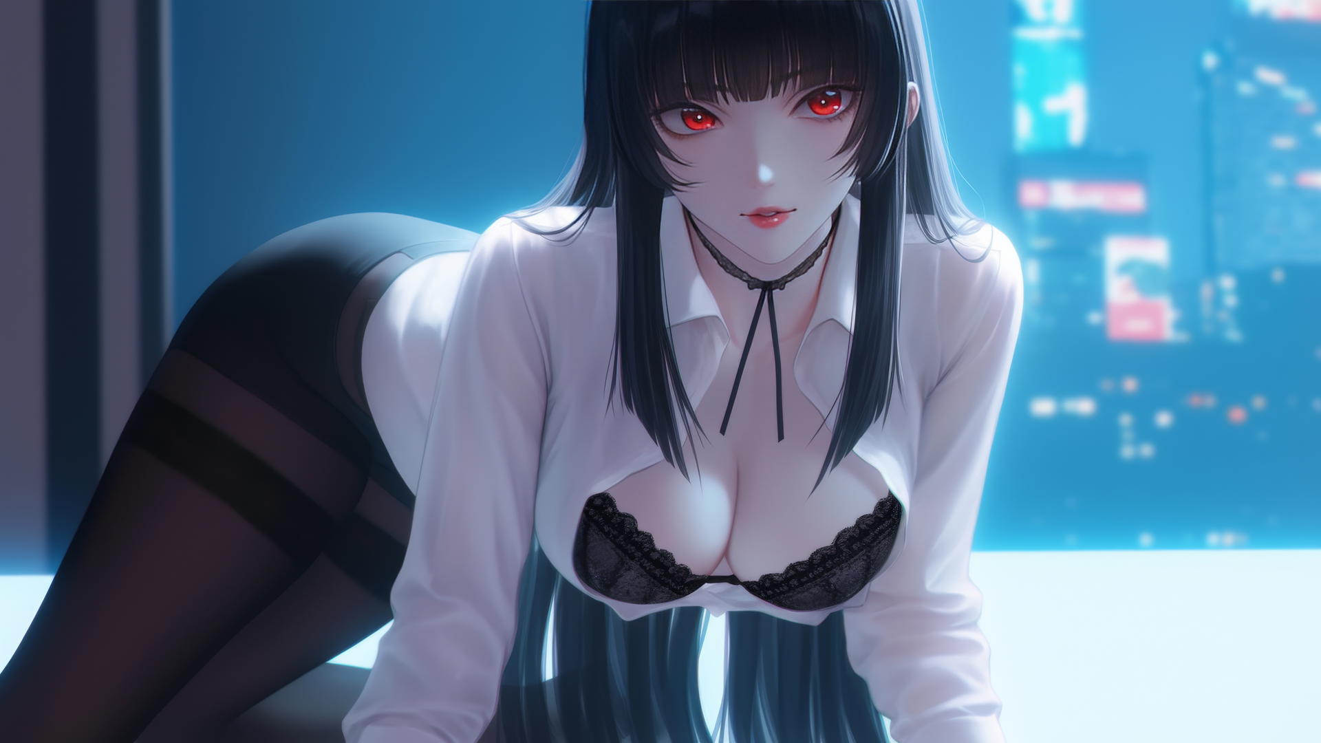 Yumeko Jabami kneeling with long black hair and red eyes in a hotel room