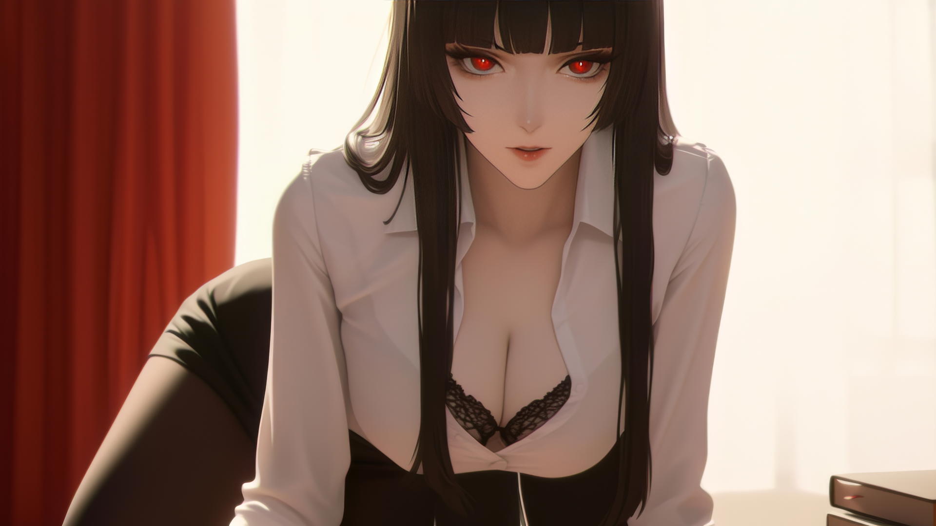 Yumeko Jabami in a white shirt kneeling in a hotel room