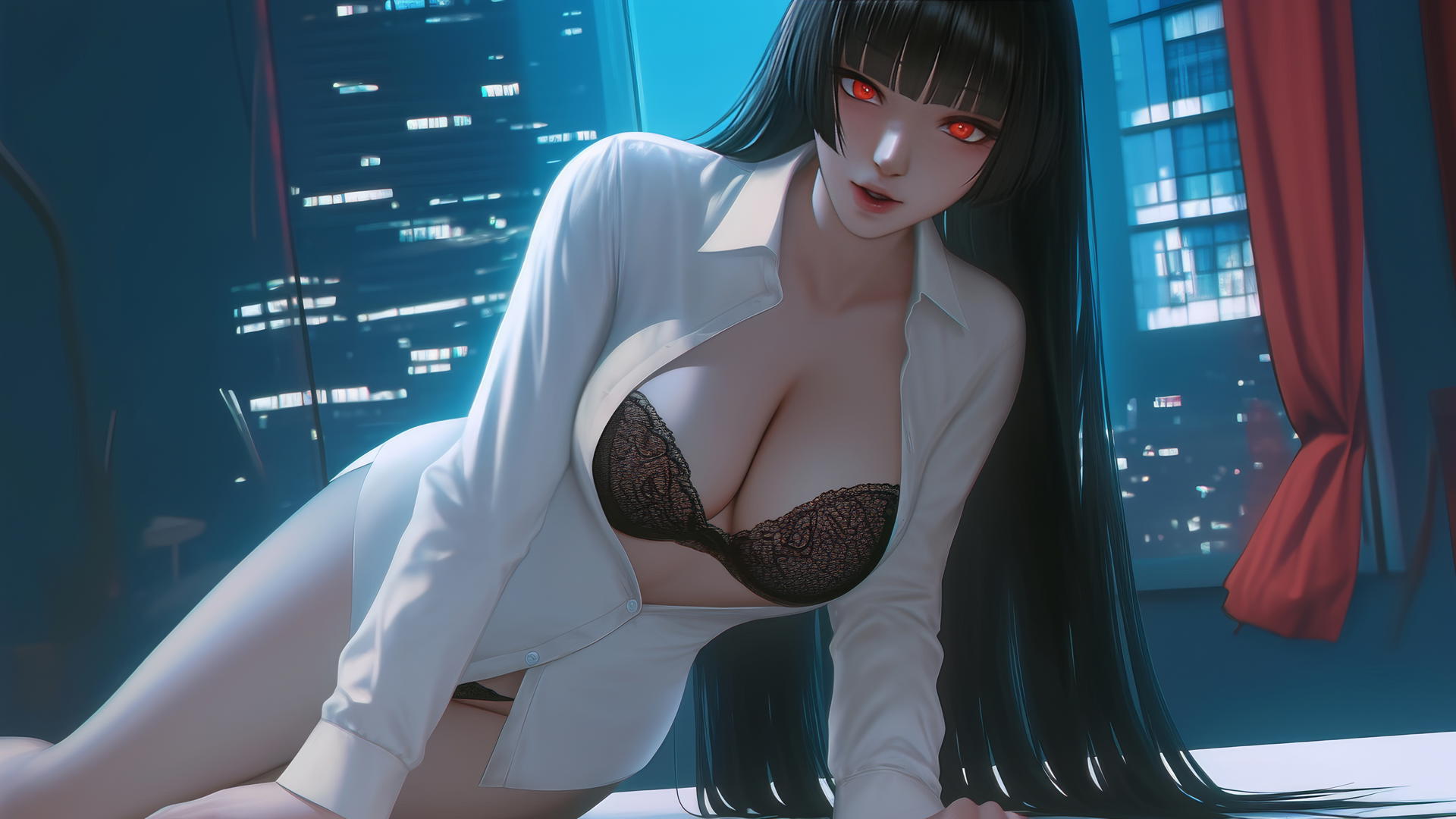 Yumeko Jabami kneels in a modern hotel room.