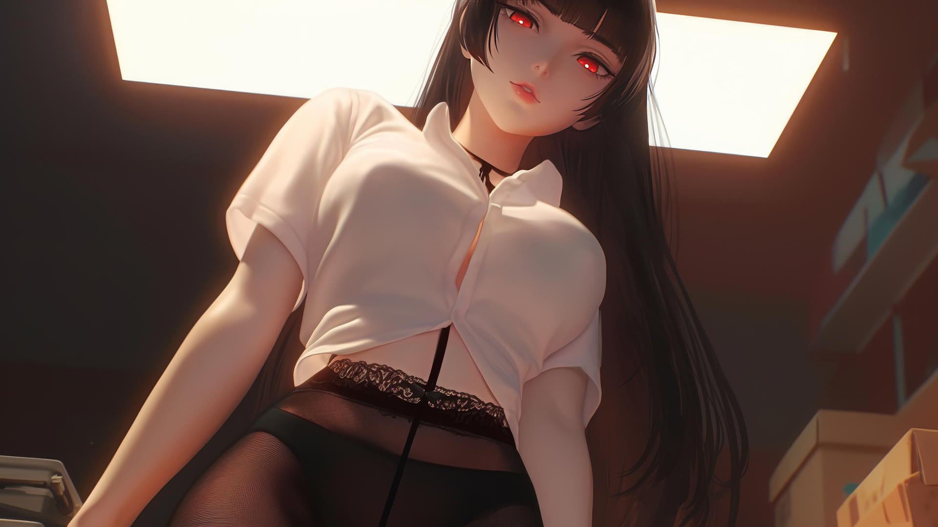 Yumeko Jabami kneeling, hime-cut hair, red eyes, warm light