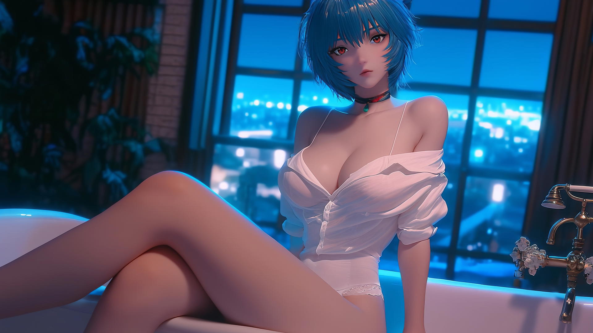 Rei Ayanami in tub with moonlit glow, short blue hair