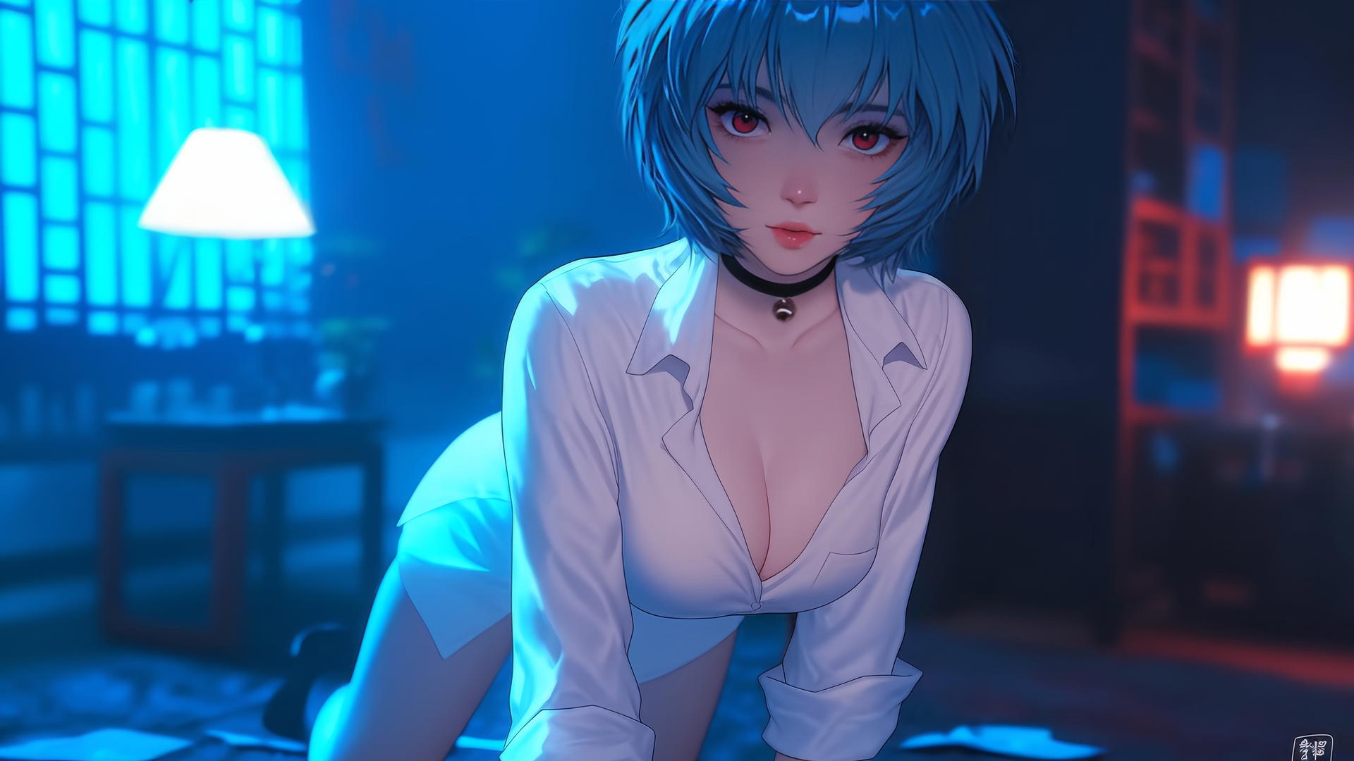 Rei Ayanami kneeling in a hotel, wearing a white shirt