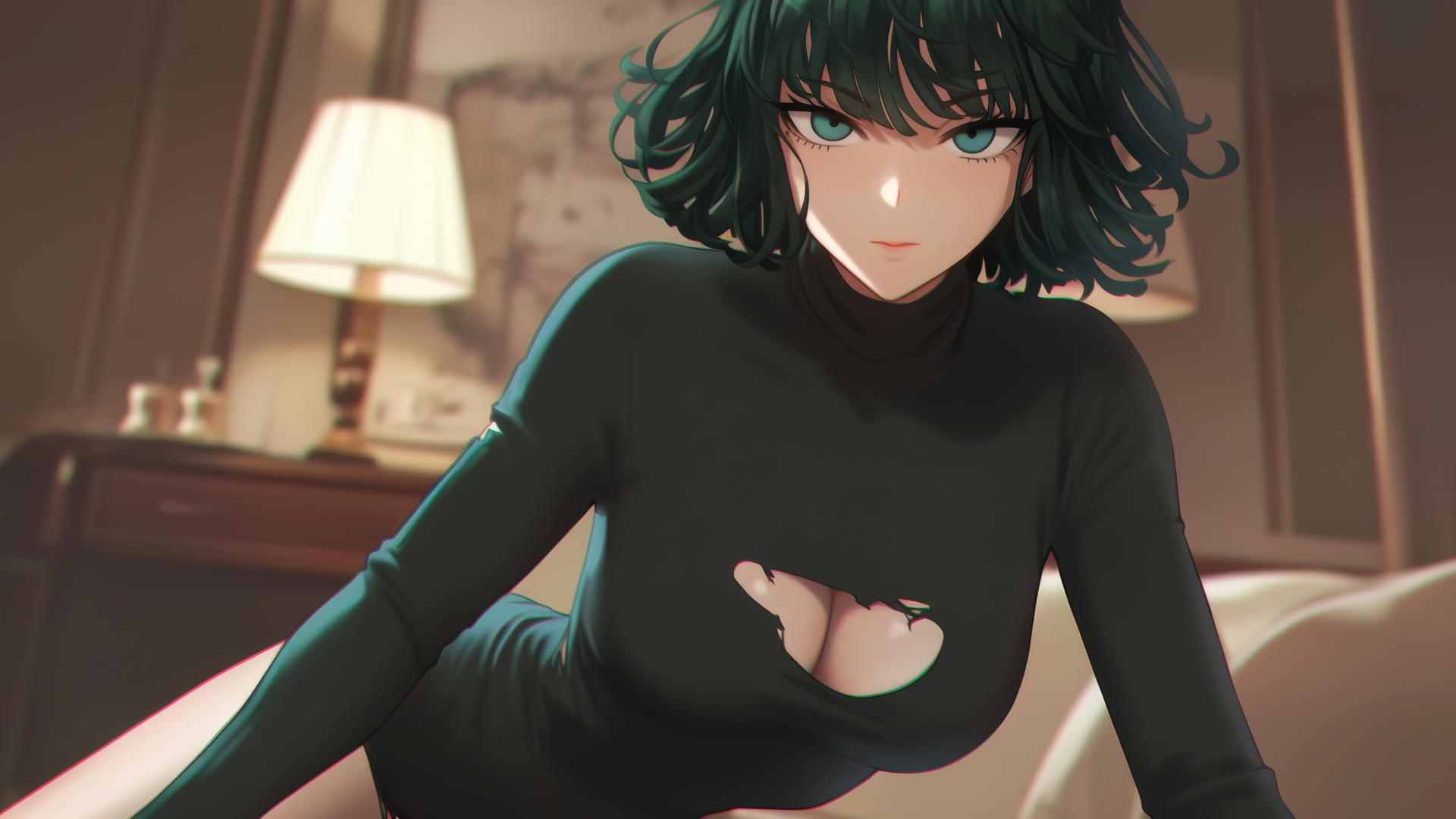 Fubuki kneeling on all fours in hotel with broken sweater
