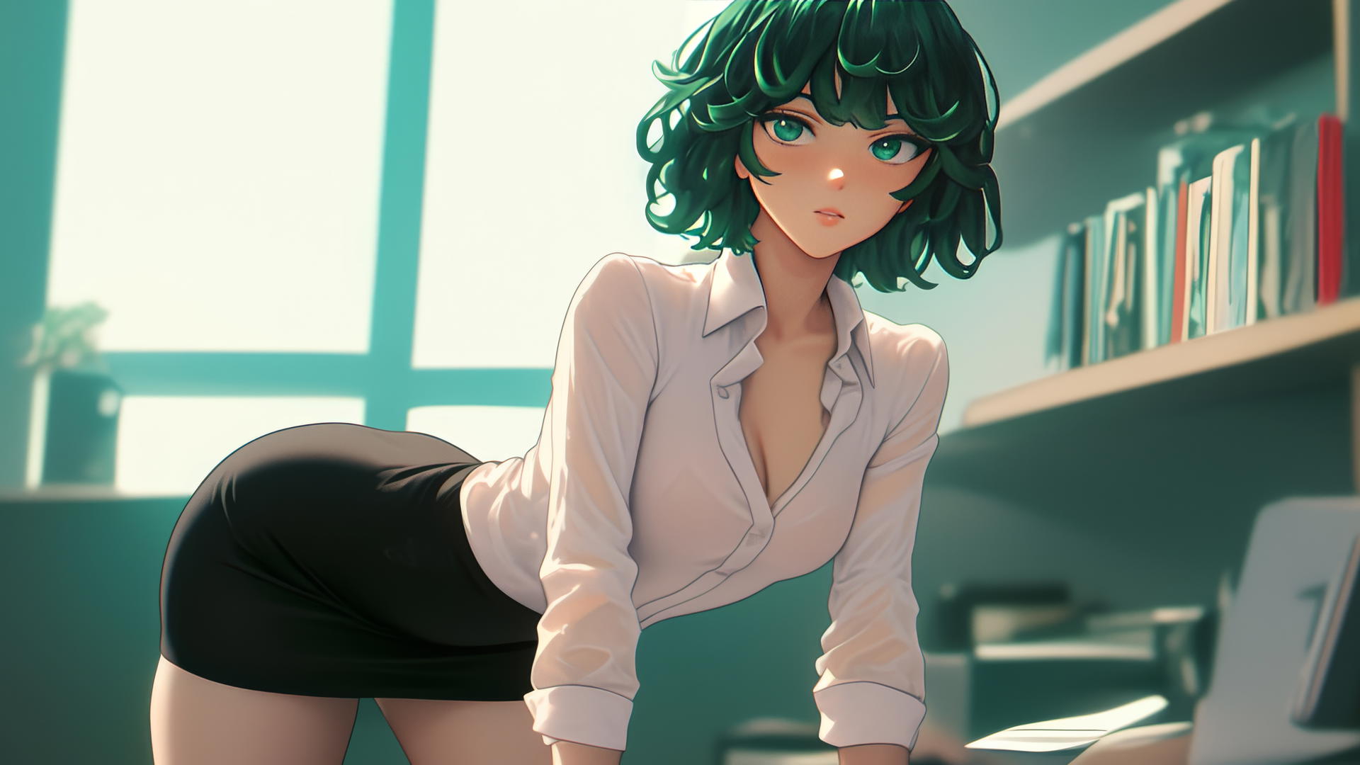 Fubuki kneels in modern hotel with green hair, wearing white shirt