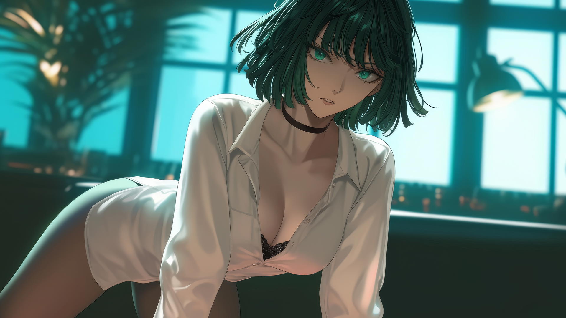 Fubuki kneeling on all fours at a hotel
