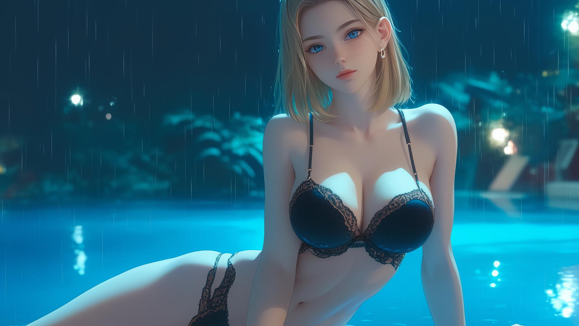 Android 18 resting by rainy pool under moonlight