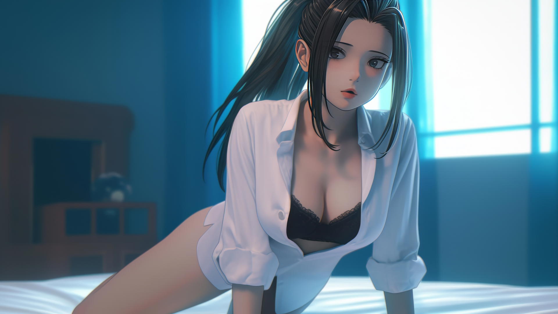 Momo Yaoyorozu in white shirt kneeling in hotel room